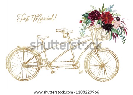Watercolor hand painted romantic illustration on white background - gold vintage wedding tandem bicycle with basket of flowers. Just Married! Floral bouquet - peonies, anemone, roses, leaves, branches