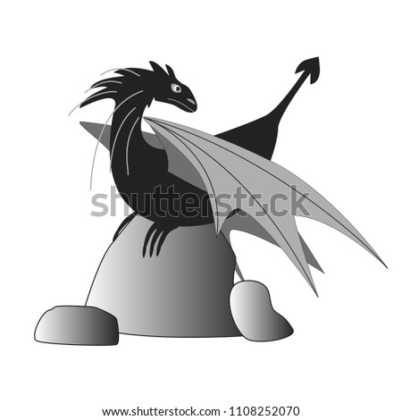 The mythical and fairy tale dragon character sits on a stone isolated by a white background.