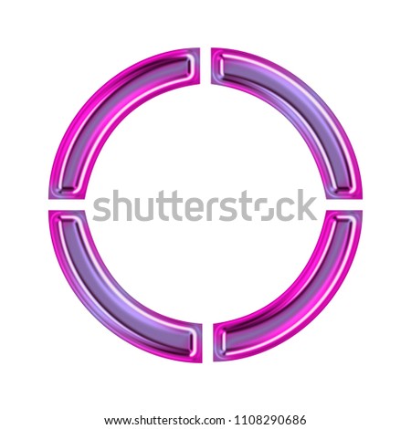 Glowing neon pink & purple letter O in a 3D illustration with a bright metallic colorful glow and stencil type font isolated on a white background with clipping path