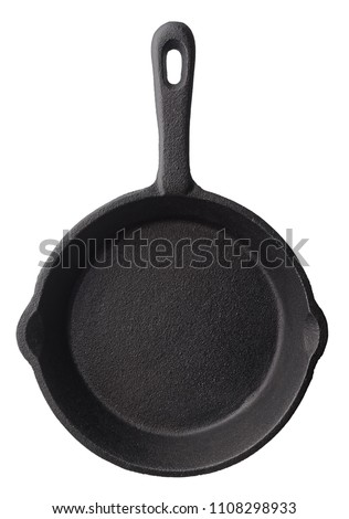 Isolated objects: empty black cast iron frying pan, isolated on white background Royalty-Free Stock Photo #1108298933