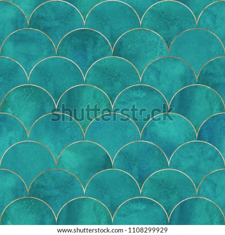 Mermaid fish scale wave japanese luxury seamless pattern. Watercolor hand drawn dark teal turquoise background with gold line. Watercolour scale shaped texture. Print for textile, wallpaper, wrapping
