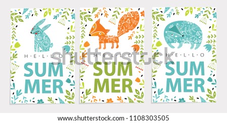 Vector set illustration with wild animals. Ornaments. Bear, hare, rabbit, fox, bird, flowers. Summer bright posters, postcards.eps 10