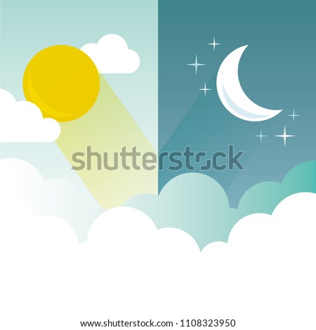 Day and Night layout. Sun, moon, stars and clouds banner. Weather background. Forecast concept banner. Daytime poster.
 Royalty-Free Stock Photo #1108323950