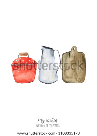 Watercolor illustration set with kitchen tools. Cutting board and metal and glass jars isolated on white background. For design, print and more