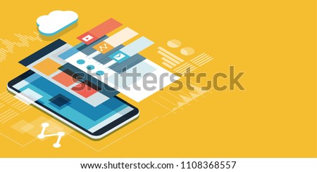 App development and web design: layered user interfaces and screens on a touch screen smartphone Royalty-Free Stock Photo #1108368557