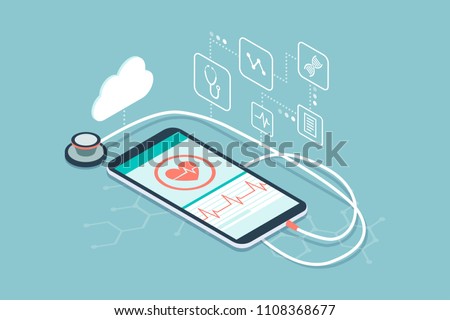 Digital stethoscope connected to a smartphone and icons: innovative medical diagnosis and technology concept