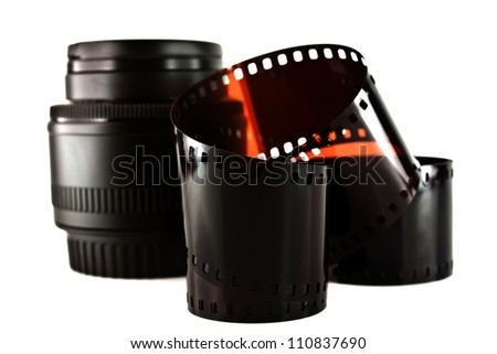 film strip and lens isolated on white background