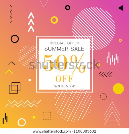 Trendy memphis style summer sale template. Vector geometric shapes in retro 80s, 90s. Gradient background.