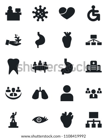 Set of vector isolated black icon - pedestal vector, team, meeting, manager place, disabled, stomach, lungs, real heart, tooth, eye, hospital, virus, user, company, palm sproute, hierarchy