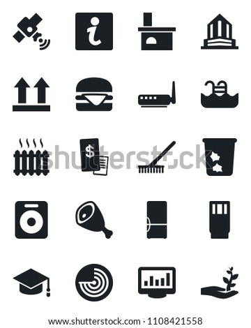Set of vector isolated black icon - trash bin vector, radar, graduate, rake, fireplace, up side sign, satellite, speaker, monitor statistics, pool, heater, fridge, drink, restaurant receipt, ham