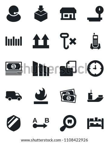 Set of vector isolated black icon - store vector, cash, office phone, support, sea shipping, car delivery, clock, folder document, up side sign, no hook, package, sorting, shield, flammable, barcode