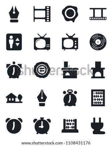 Set of vector isolated black icon - elevator vector, alarm clock, abacus, stamp, fireplace, film frame, vinyl, ink pen, house with tree, tv, power plug