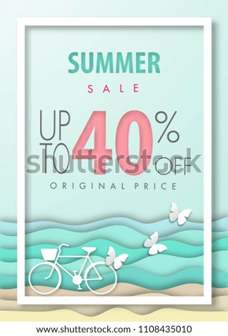 Summer sale background ,forty percent off, beautiful beach paper art style with frame vector illustration template