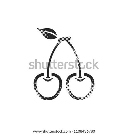 Cherry icon in halftone style. Black and white monochrome vector illustration.