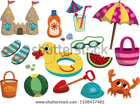 Cartoon Summer objects isolated on white background. Vector illustration of a beach objects set. 