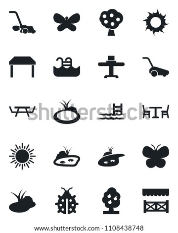Set of vector isolated black icon - cafe vector, sun, lawn mower, butterfly, lady bug, pond, picnic table, pool, fruit tree, restaurant, alcove