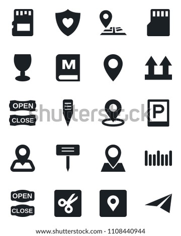 Set of vector isolated black icon - parking vector, plant label, heart shield, navigation, pin, fragile, up side sign, barcode, sd, cut, place tag, menu, open close, paper plane