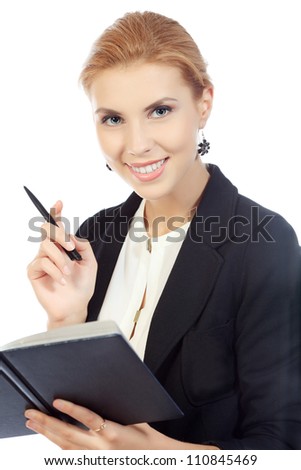 Beautiful young woman posing in business suit. Isolated over white background.