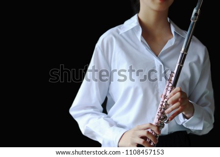 Music Instrument Flute (Silver Flute, Real Flute on Isolated, Flûte on white, Flûte on Isolated, Flûte close up, Flûte copy space, Fl Mock up), Flutist, Girl Flute Player