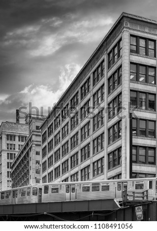Black and white picture of downtown Chicago, USA.
