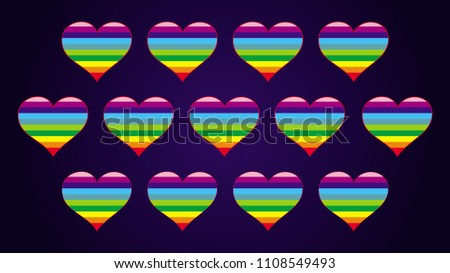 12 colorful rainbow hearts on black and blue against a dark background. Artistic background. Vector graphics.