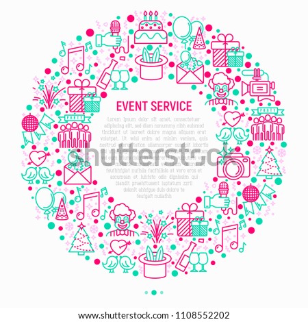 Event services concept in circle with thin line icons: kids party, gifts, birthday, magician, clown, videographer, party invitation, corporate, fireworks, music. Vector illustration, web page template
