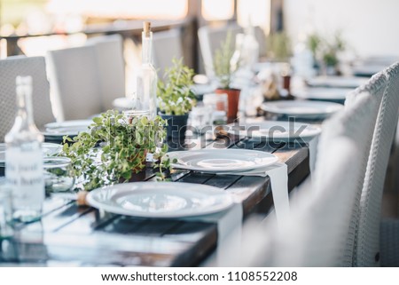 Table decoration for a special occasion - white plates and green plants. Eco/nature  friendly decotarion.  Royalty-Free Stock Photo #1108552208