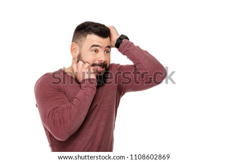 sad bearded football fan screaming on white background. man watching sports and supporting team