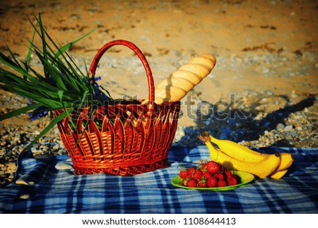 Basket with fruit on a plaid on the beach at sunset during a picnic