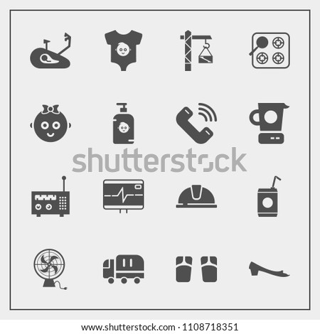 Modern, simple vector icon set with summer, construction, oven, child, health, helmet, cargo, heart, media, beach, flip, delivery, saw, bike, footwear, clothing, car, fan, transport, safety, kid icons