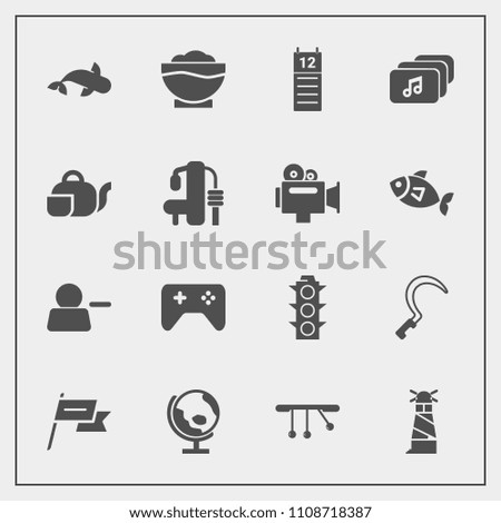 Modern, simple vector icon set with lamp, restaurant, planet, globe, light, fish, agriculture, teapot, world, play, coffee, reminder, country, patriotism, lighthouse, sign, pendulum, green, tool icons