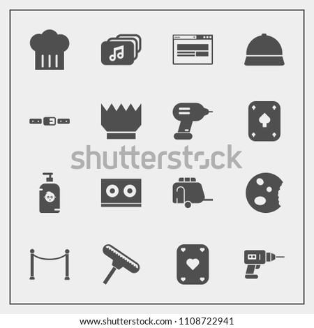 Modern, simple vector icon set with soap, game, industry, luxury, play, hat, cake, vehicle, restaurant, equipment, doughnut, work, drill, music, train, casette, paint, brush, fun, roller, queen icons