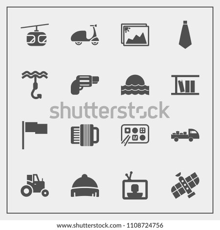 Modern, simple vector icon set with agriculture, technology, accordion, field, screen, tractor, music, delivery, chinese, ride, transportation, bicycle, sign, blue, hook, image, space, shipping icons