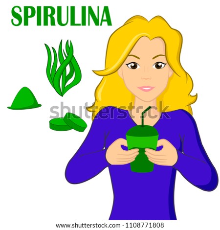 
vector illustration girl drinks beverage from spirulina