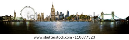 London skyline, with all important buildings and attractions of the city