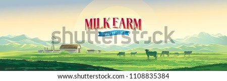 Summer rural landscape with cows and farm, dawn above hills, with tematic label. Royalty-Free Stock Photo #1108835384