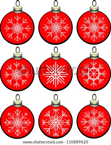 Collection of Isolated Red Christmas Balls with White Snowflakes on White Background, Vector Clip-Art Illustration