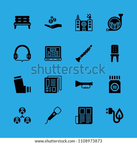 building, medicine, oboe, french horn, inhaler, alms, microphone, collaboration and newspaper vector icon. Simple icons set