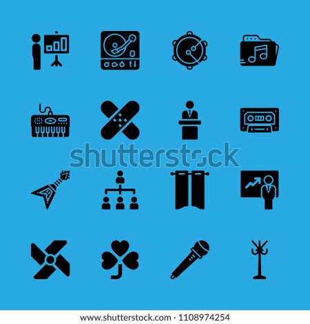 curtains, piano, windmill, presentation, electric guitar, music folder, presentation, cassette and clover vector icon. Simple icons set