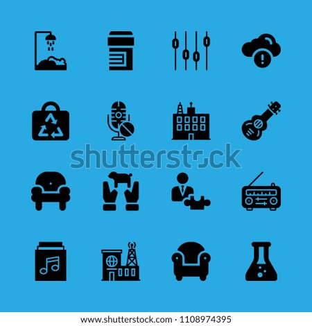 microphone, information, armchair, levels, strategic, bag, spanish guitar, building and armchair vector icon. Simple icons set