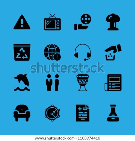 medical result, flask, recycle bin, drum, managers, warning, armchair, explosion and worldwide vector icon. Simple icons set