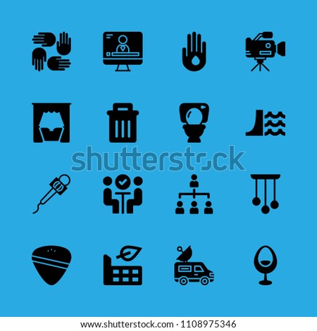 dam, van, microphone, chandelier, factory, chair, drop of water on hand, supportive hands and organization vector icon. Simple icons set