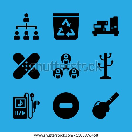 recycle bin, collaboration, organization, no entry, shelf, rack, patch, guitar protector and music player vector icon. Simple icons set