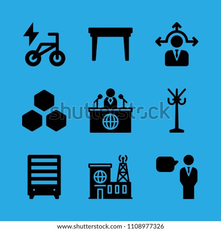table, rack, bookshelf, beehive, news reporter, bike, decision making, building and speech vector icon. Simple icons set