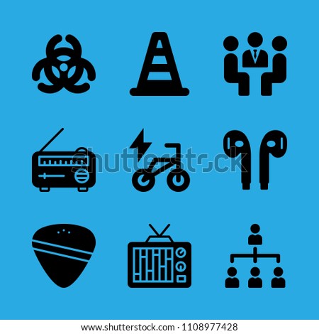 biological hazard, meeting, radio, bike, television, organization, guitar pick, earphones and cone vector icon. Simple icons set