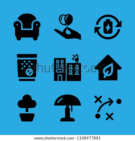 eco house, strategy, plant, building, hand holding balloons, armchair, tablets, battery and lamp vector icon. Simple icons set