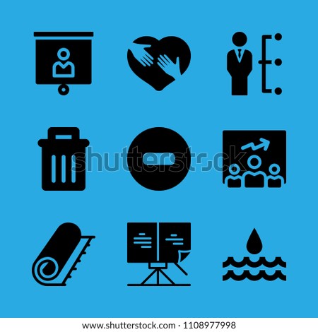 sheet music, water, garbage, presentation, manager, shaking hands inside a heart, carpet, presentation and no entry vector icon. Simple icons set