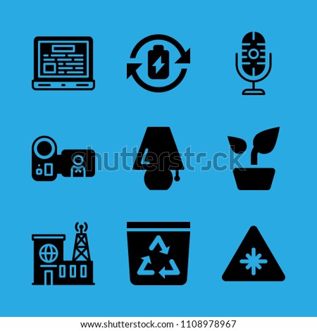 microphone, recycle bin, lamp, plant, battery, laser, laptop, camcorder and building vector icon. Simple icons set