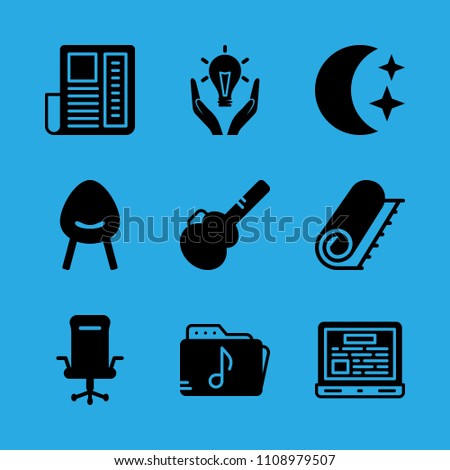 news paper, night, responsible energy use, chair, laptop, music folder, desk chair, carpet and guitar protector vector icon. Simple icons set