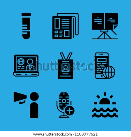 laptop, sheet music, newspaper, smartphone, test tube, sunrise, microphone, id card and promoting vector icon. Simple icons set